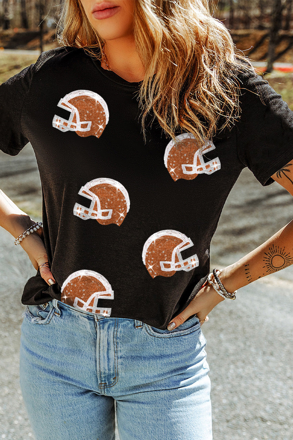 Black Sequin Rugby Football Helmet Graphic Crewneck T Shirt