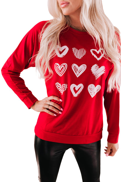 Fiery Red Hearts Print Crewneck Long Sleeve Sweatshirt