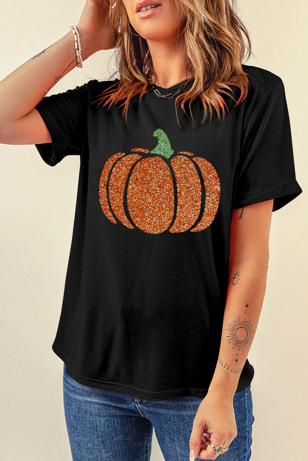 Black Glittering Pumpkin Graphic Halloween T Shirt