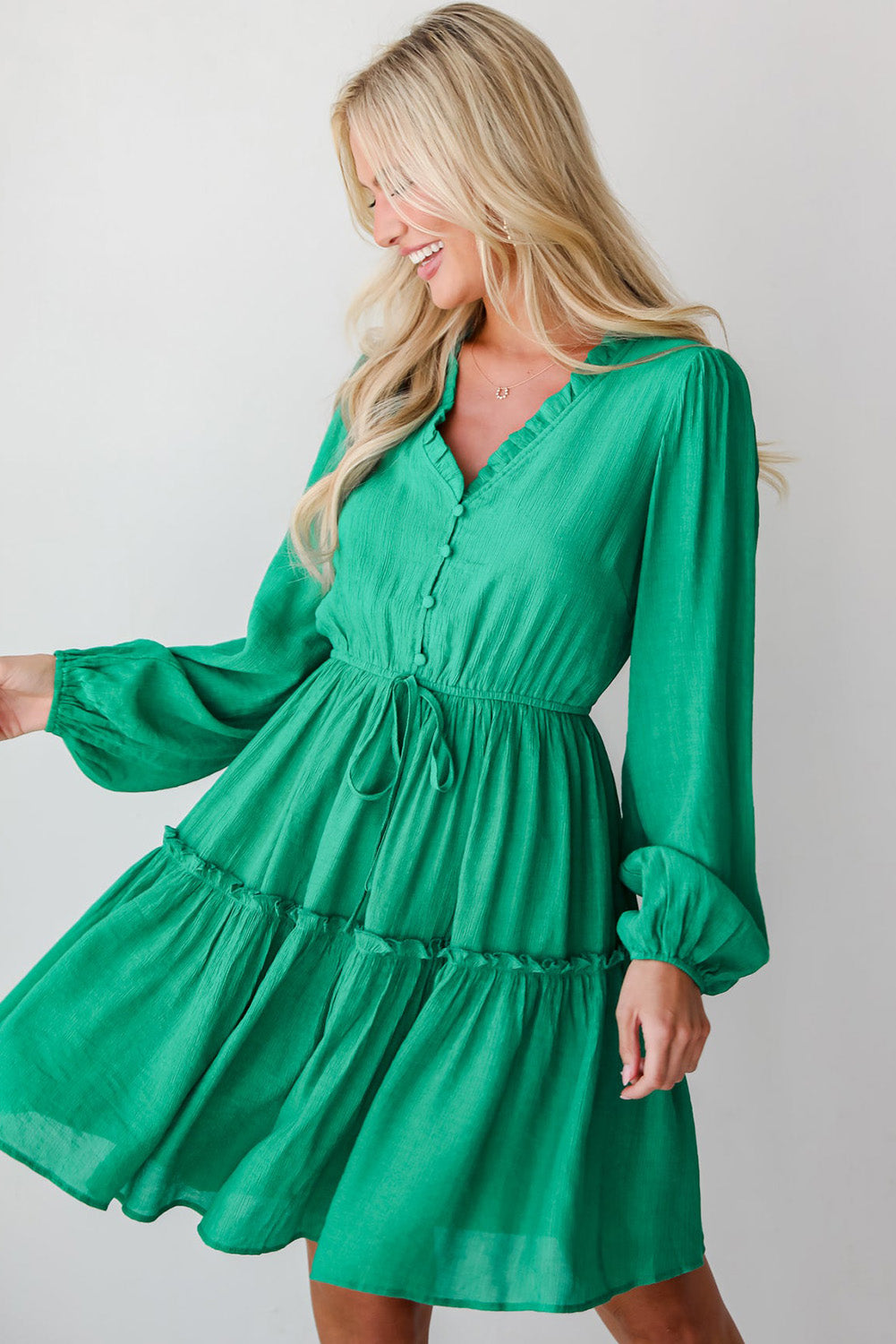 Sea Green Frilly V Neck Puff Sleeve Drawstring Shift Mini Dress