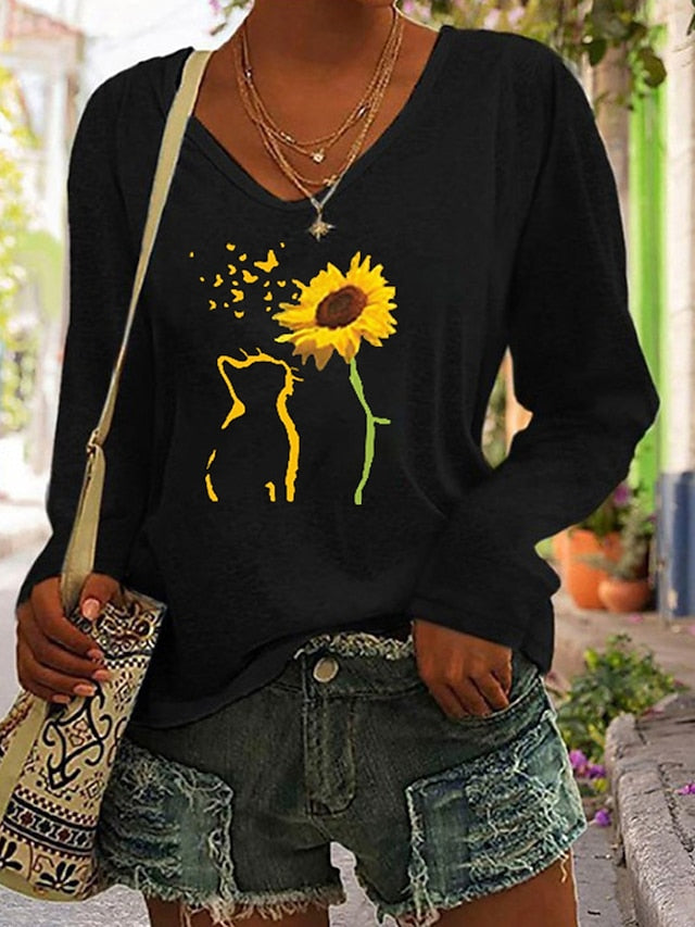 Women's T shirt Tee Black White Blue Cat Sunflower Print Long Sleeve Sports Weekend Basic V Neck Regular Cotton Floral Cat Painting S - LuckyFash™