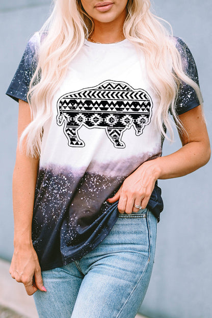 Black Western Aztec Buffalo Bleached Print T Shirt