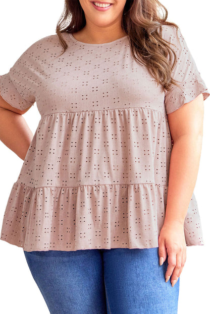 Pink Plus Size Eyelet Pattern Ruffle Sleeve Babydoll Top