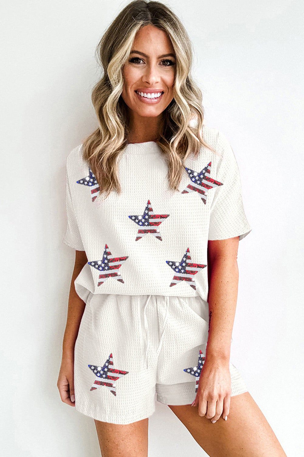 Star Spangled Sequin White Waffle Knit Shorts Set