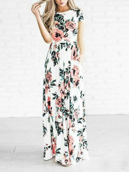 Women's Casual Dress Shift Dress Long Dress Maxi Dress Black White Pink Short Sleeve Floral Print Summer Spring U Neck Basic 2023 S M L XL 2XL 3XL - LuckyFash™