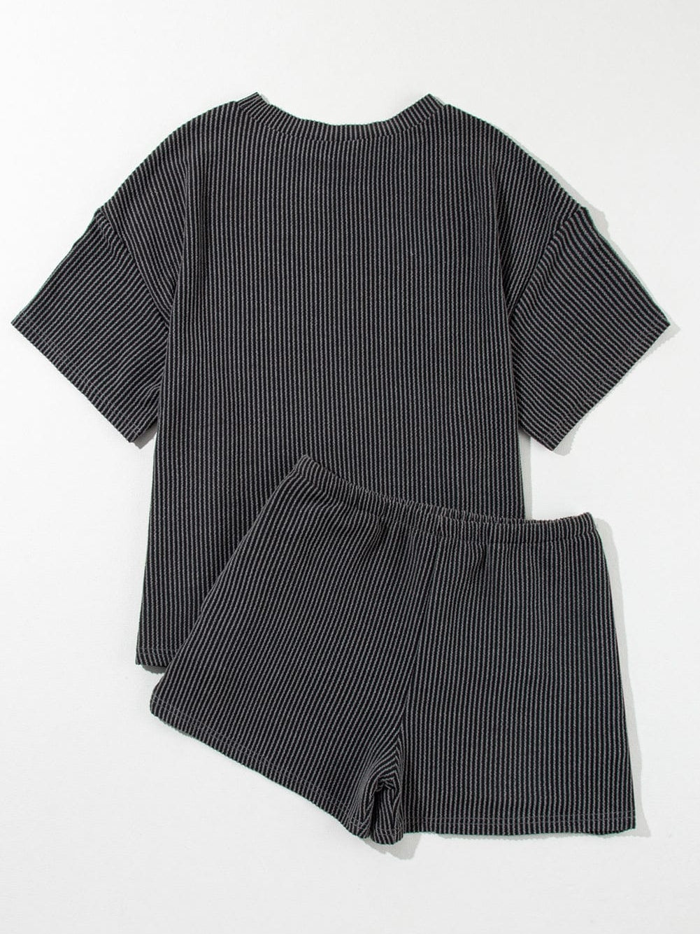 Charcoal Grey Ribbed Textured Knitted Relaxed Fit T-Shirt and Shorts Ensemble