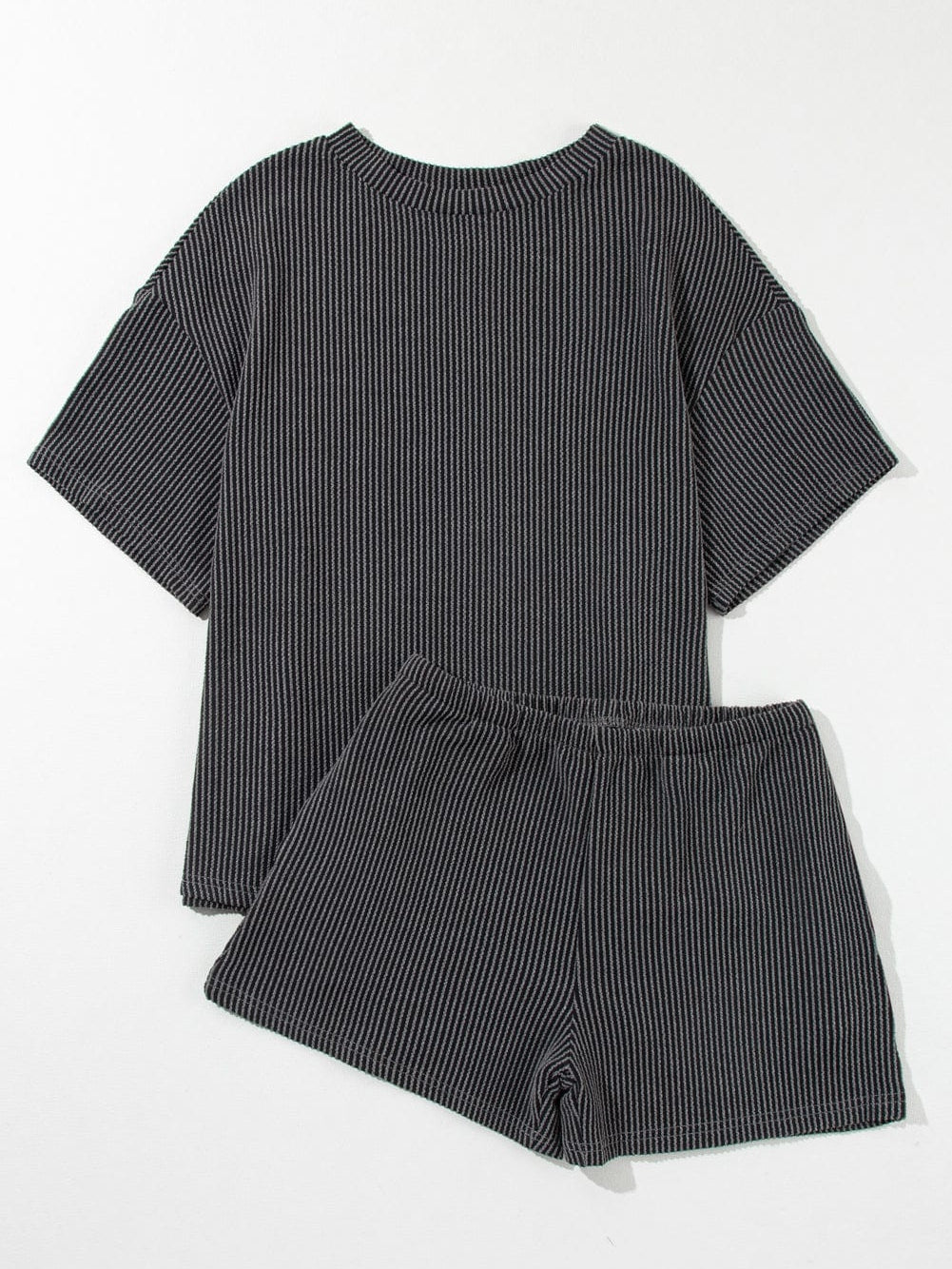 Charcoal Grey Ribbed Textured Knitted Relaxed Fit T-Shirt and Shorts Ensemble