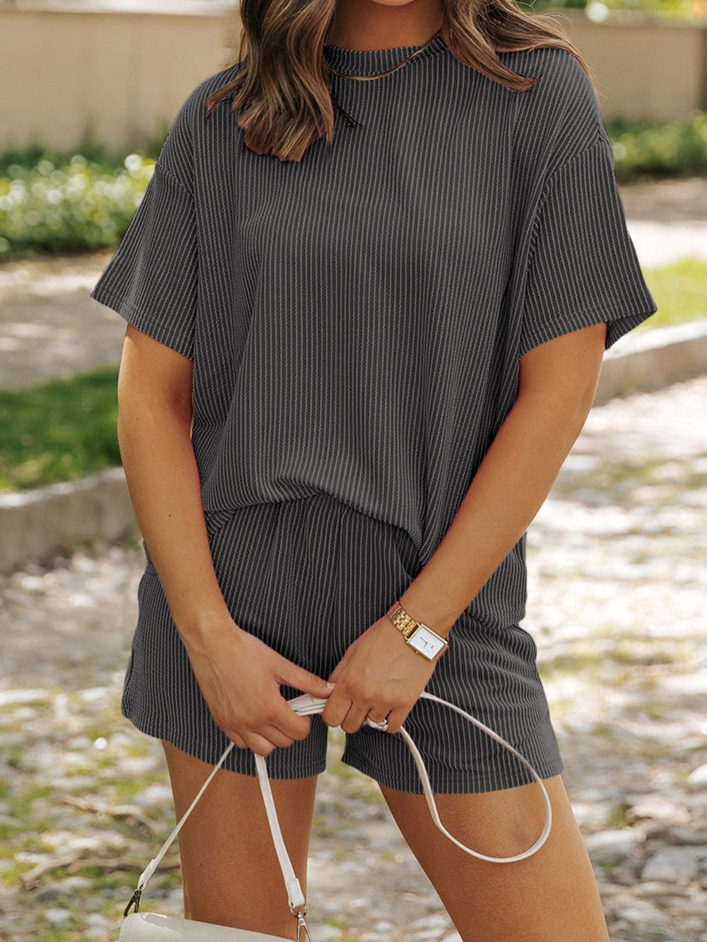 Charcoal Grey Ribbed Textured Knitted Relaxed Fit T-Shirt and Shorts Ensemble