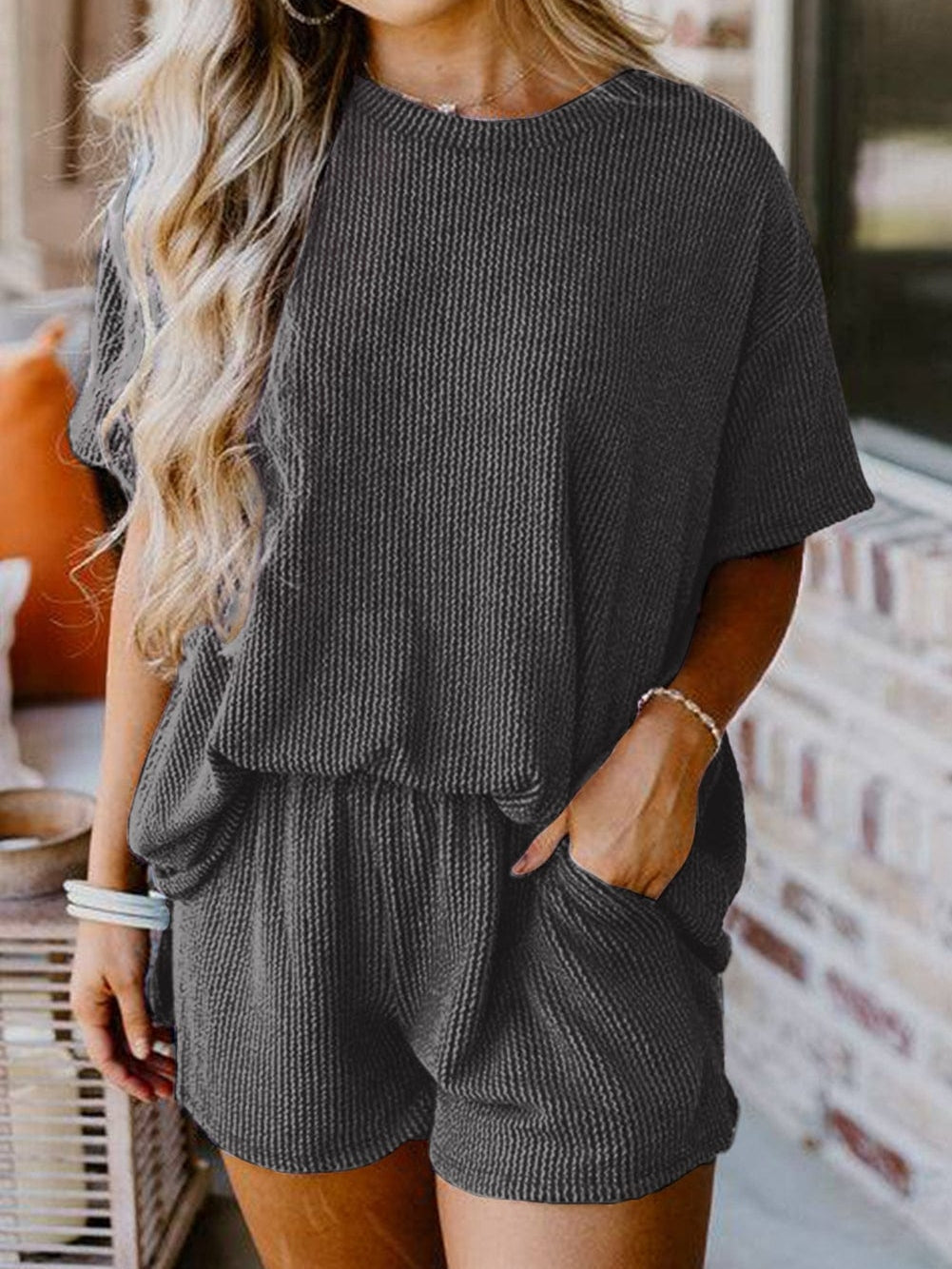 Charcoal Grey Ribbed Textured Knitted Relaxed Fit T-Shirt and Shorts Ensemble