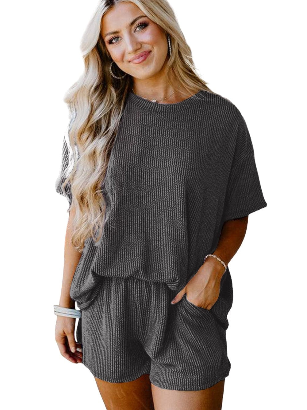 Charcoal Grey Ribbed Textured Knitted Relaxed Fit T-Shirt and Shorts Ensemble