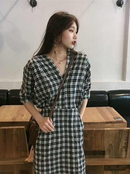 Checked linen cotton dress for Women