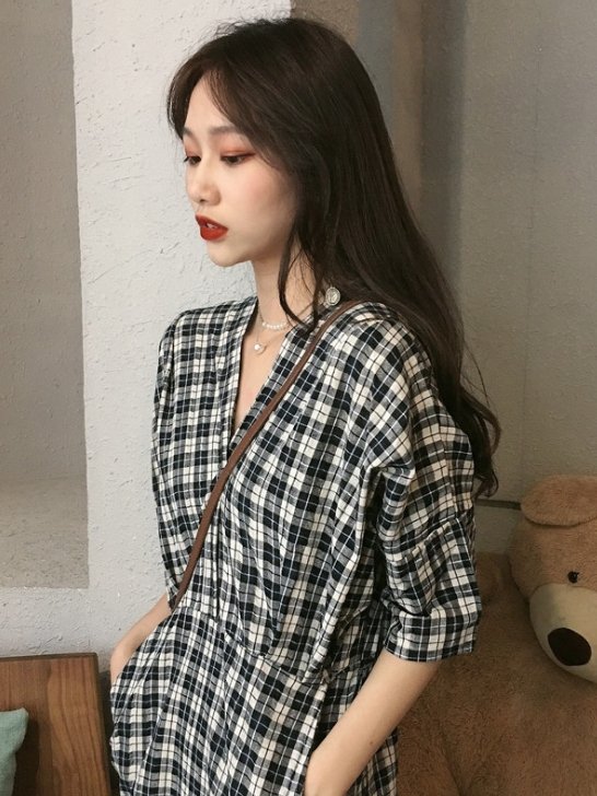 Checked linen cotton dress - LuckyFash™