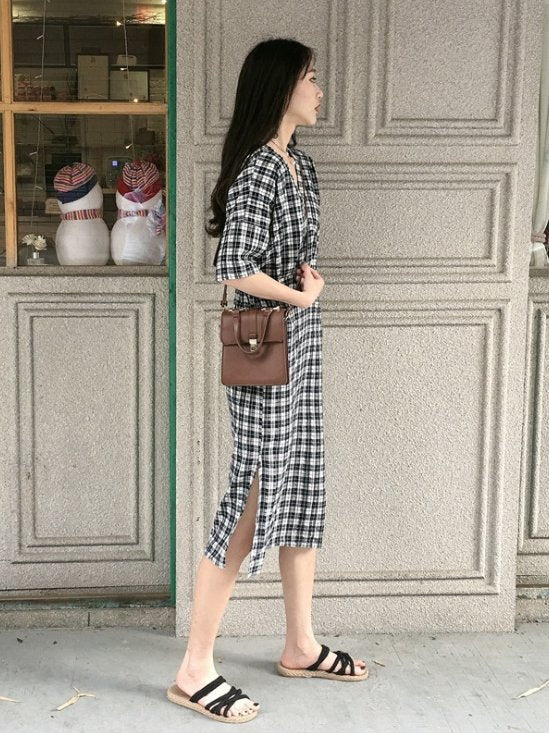 Checked linen cotton dress - LuckyFash™