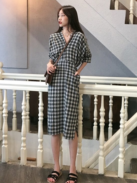 Checked linen cotton dress - LuckyFash™