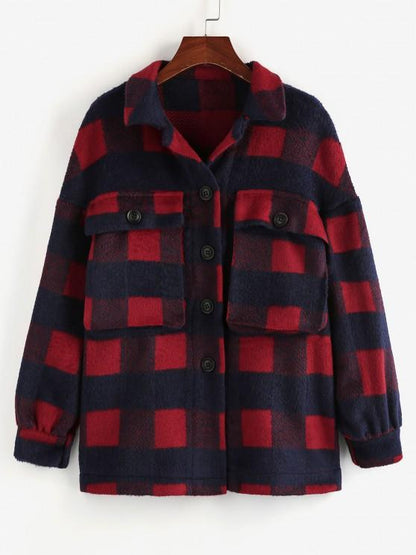 Checkered Drop Shoulder Pocket Coat for Women