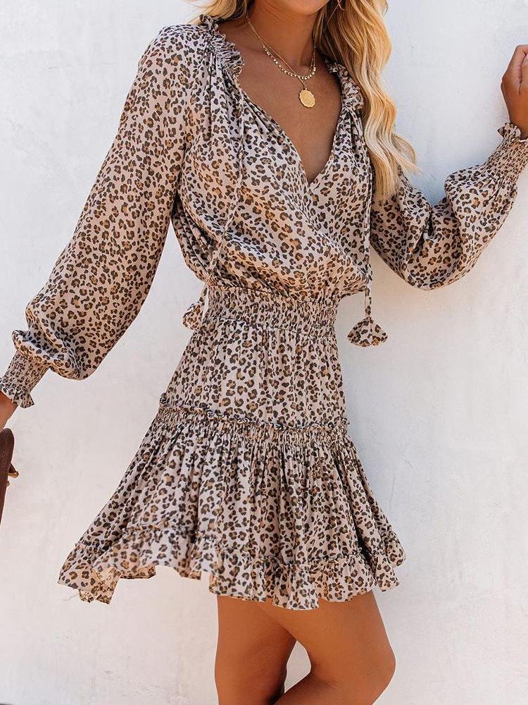 Cheetah Print Ruffles Long Sleeve Dress - LuckyFash™