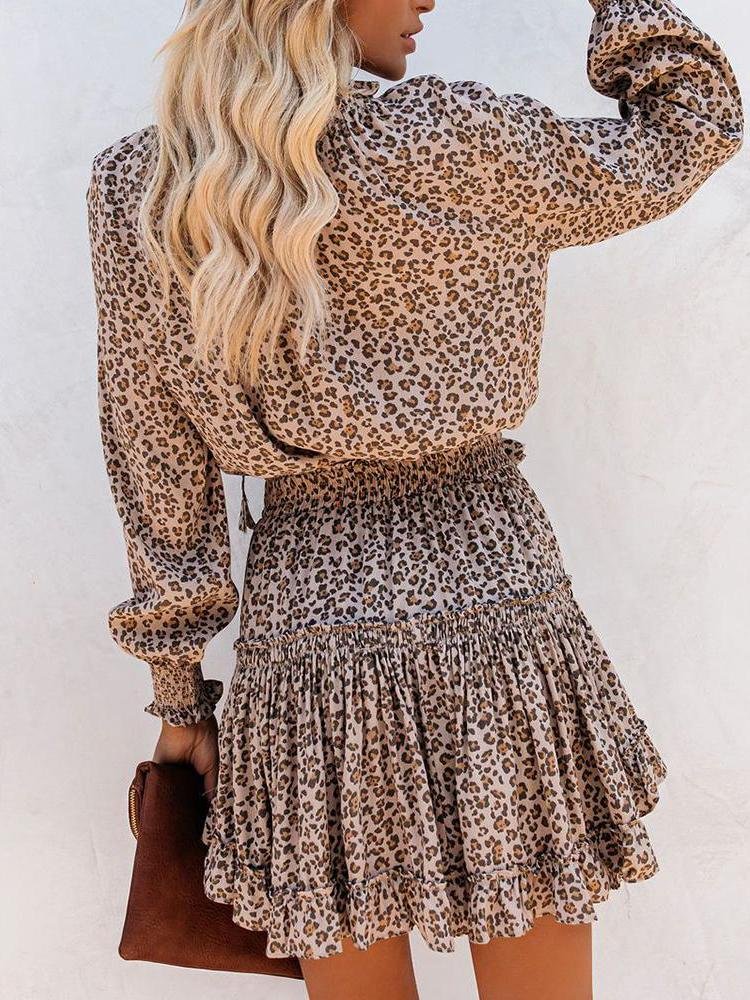 Cheetah Print Ruffles Long Sleeve Dress - LuckyFash™