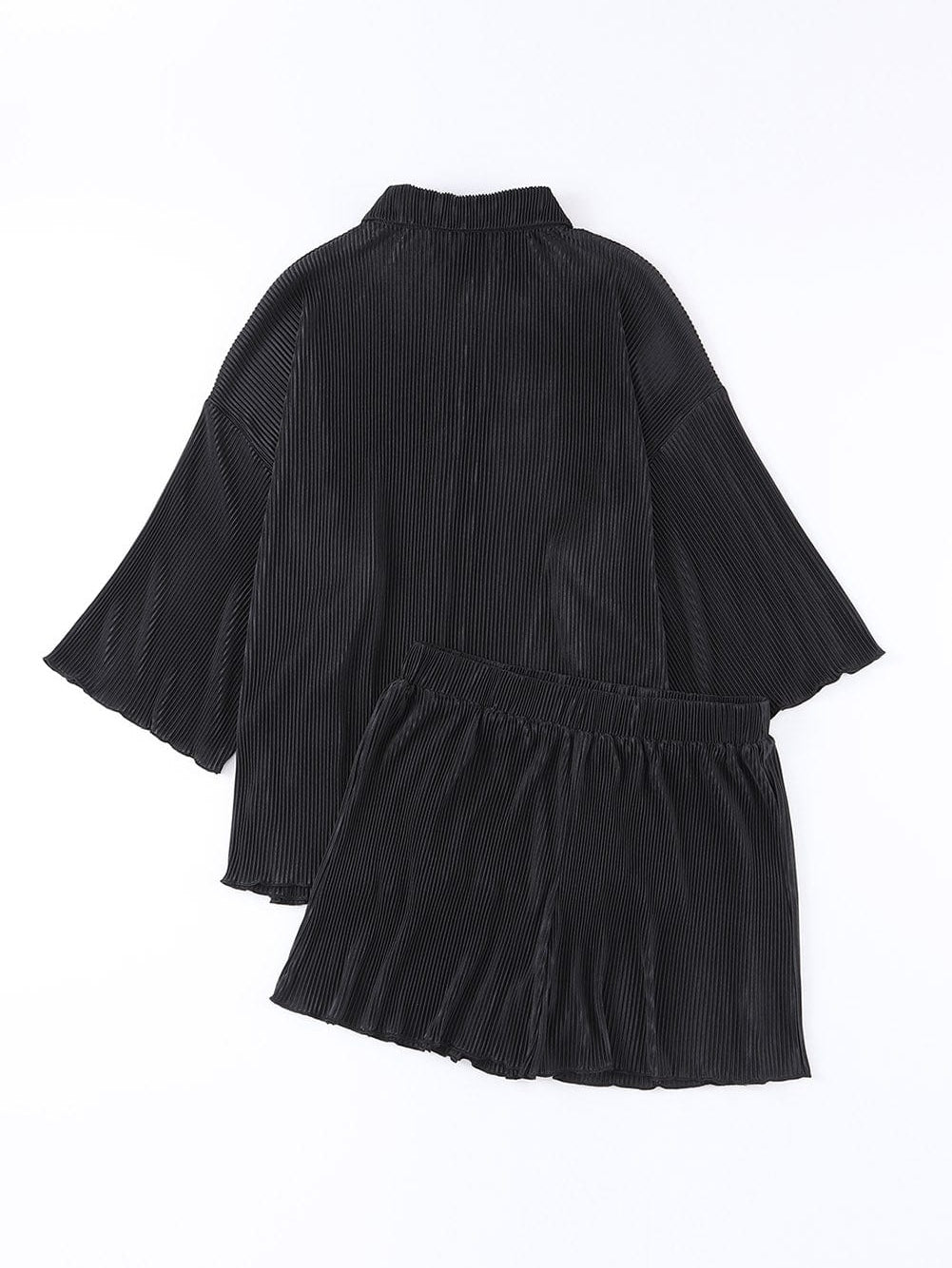 Chic Black Pleated Shirt and High Waist Shorts Lounge Set