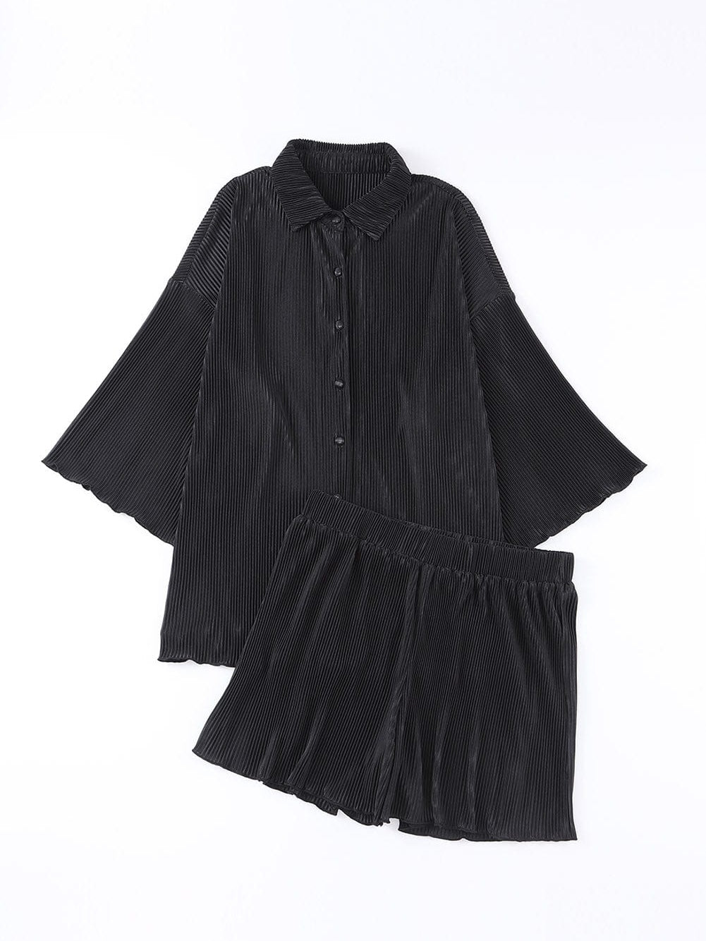 Chic Black Pleated Shirt and High Waist Shorts Lounge Set