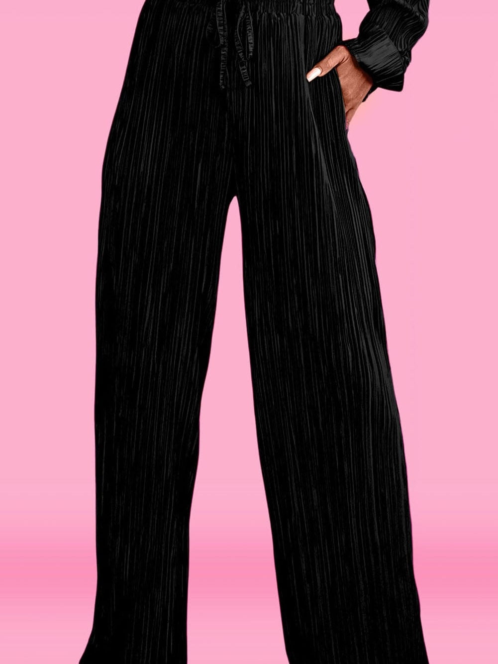 Chic Black Pleated Shirt and Wide-Leg Pants Ensemble