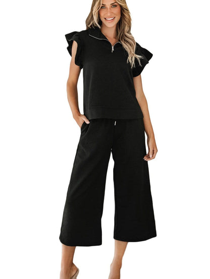 Chic Black Ribbed Two-Piece Pant Set with Flutter Sleeves