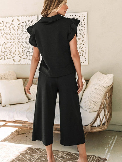 Chic Black Ribbed Two-Piece Pant Set with Flutter Sleeves