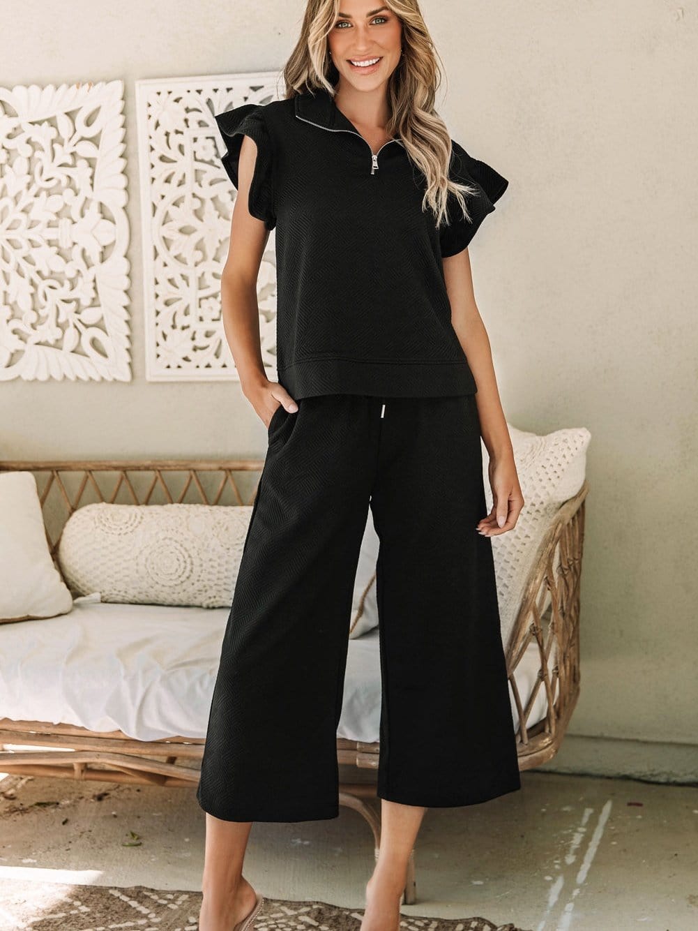 Chic Black Ribbed Two-Piece Pant Set with Flutter Sleeves