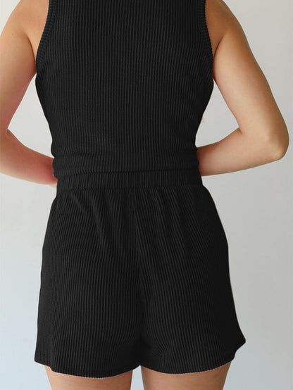 Chic Black Ribbed Two-Piece Short Set