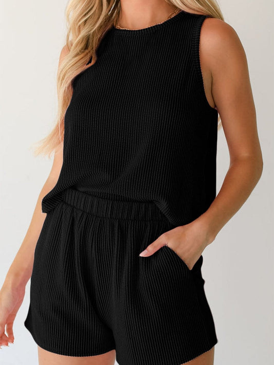 Chic Black Ribbed Two-Piece Short Set