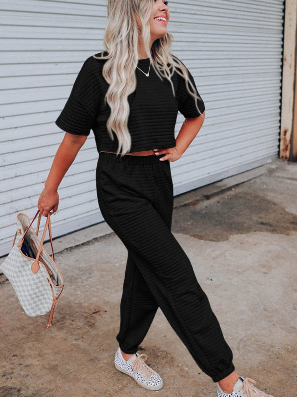 Chic Black Textured Crop Tee and Jogger Pants Ensemble