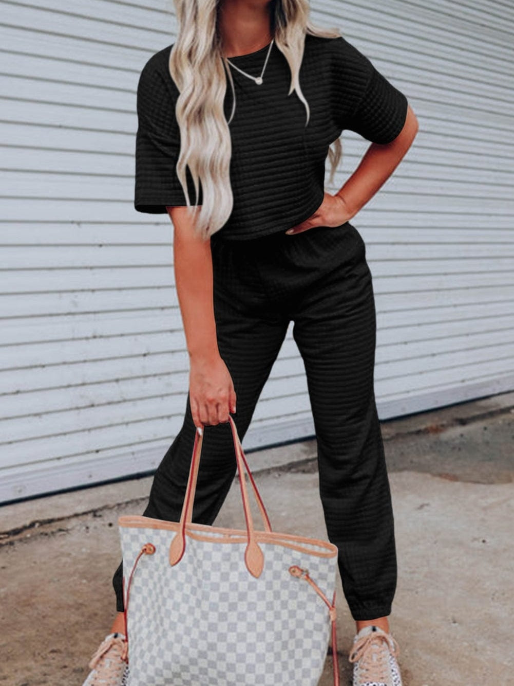 Chic Black Textured Crop Tee and Jogger Pants Ensemble