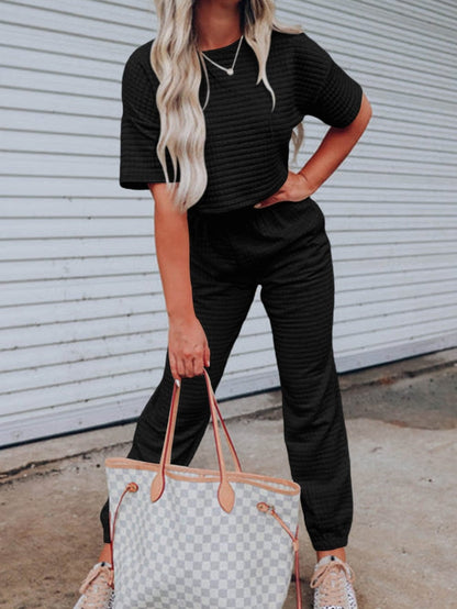 Chic Black Textured Crop Tee and Jogger Pants Ensemble