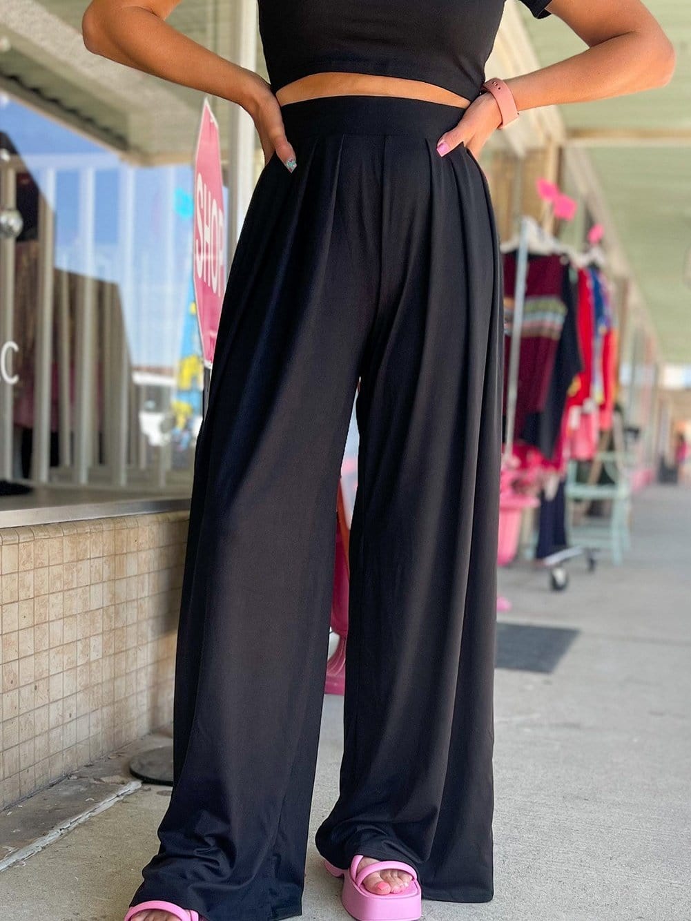 Chic Black Two-Piece Crop Top and Wide Leg Pants Set