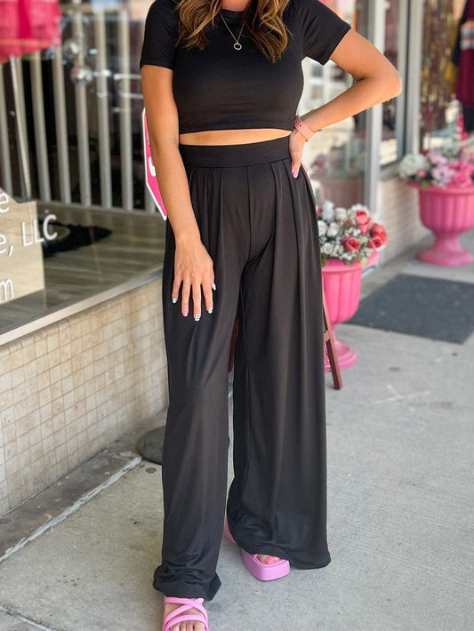 Chic Black Two-Piece Crop Top and Wide Leg Pants Set