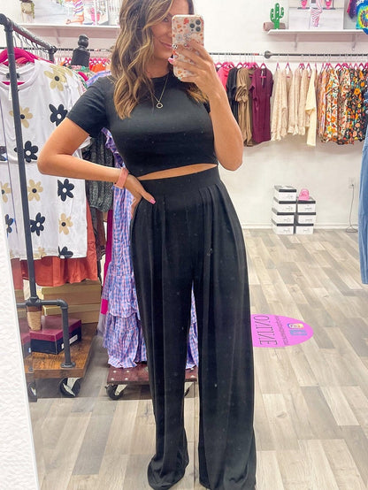 Chic Black Two-Piece Crop Top and Wide Leg Pants Set