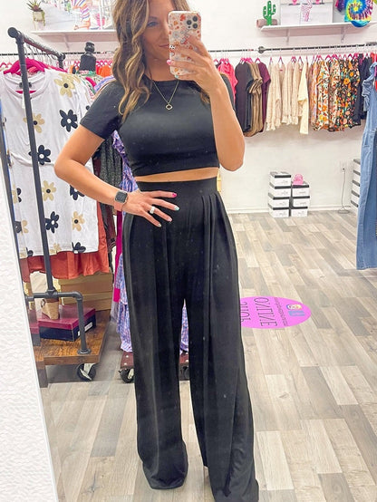 Chic Black Two-Piece Crop Top and Wide Leg Pants Set