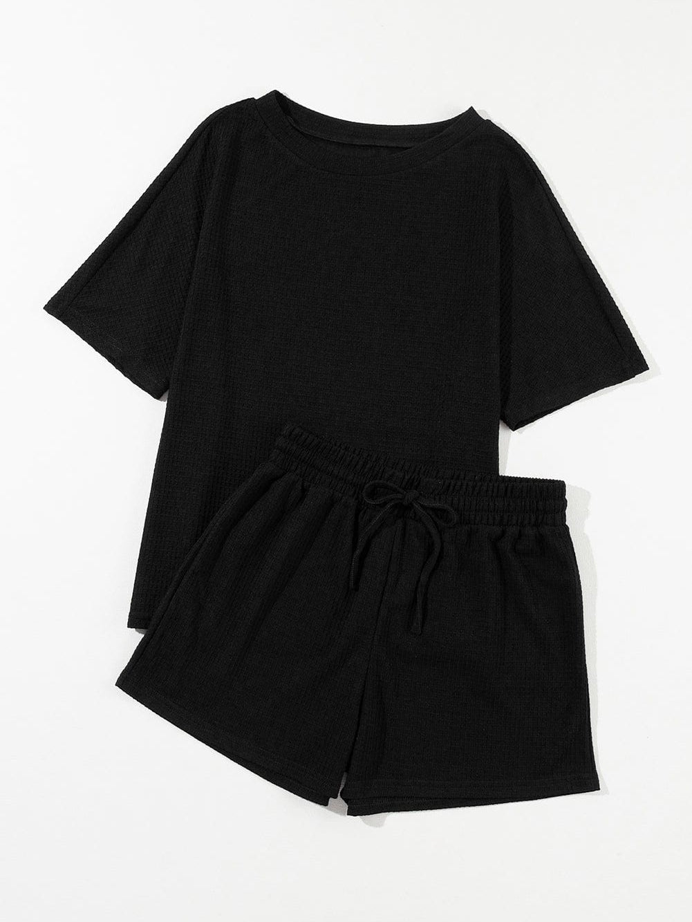 Chic Black Waffle Knit Two Piece Short Set