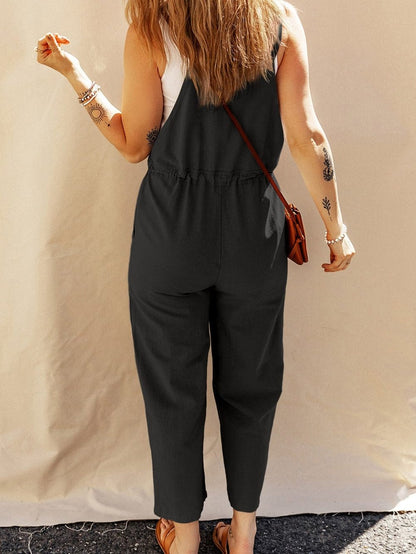 Chic Black Wide Leg Overall with Adjustable Waist and Buttoned Straps