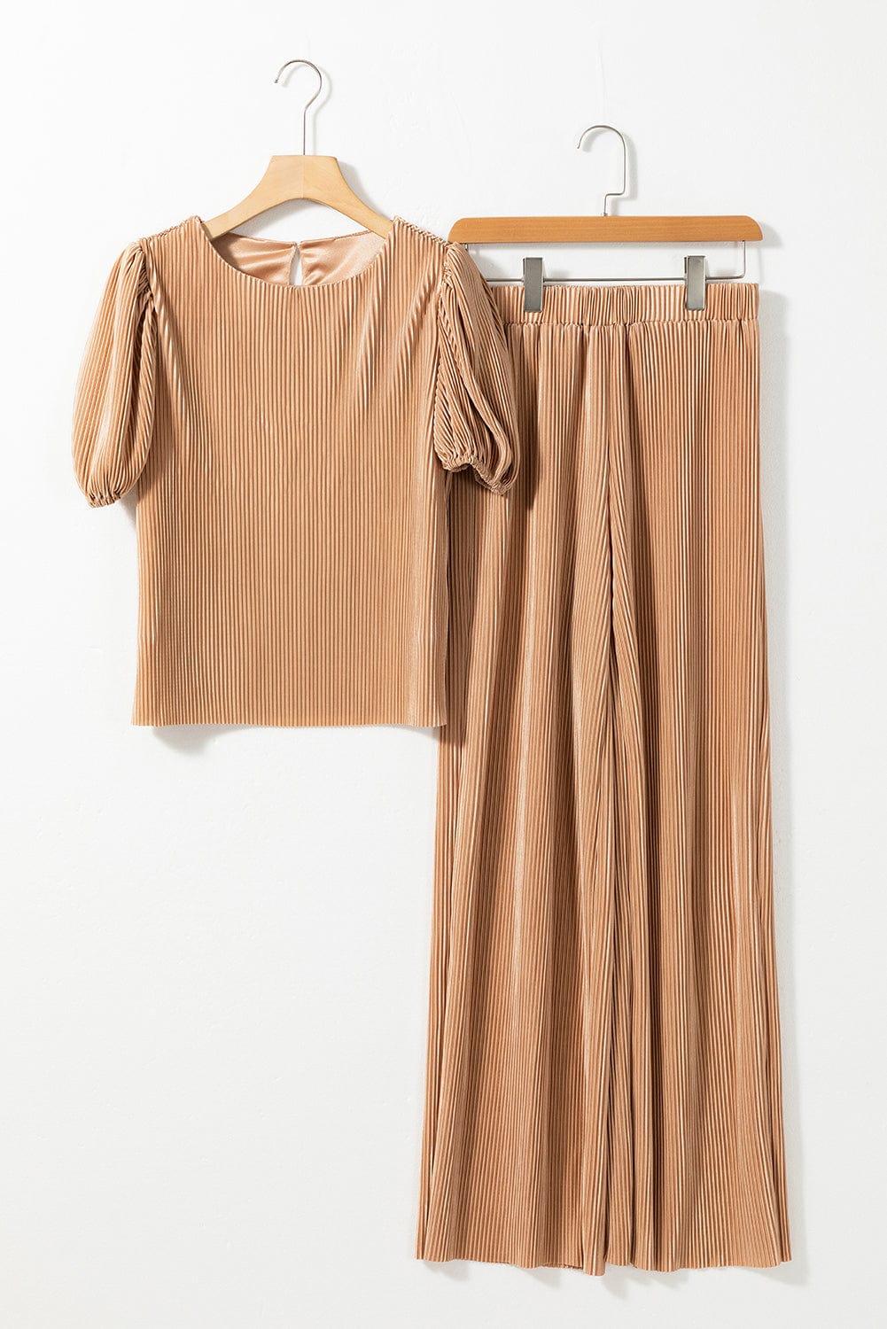 Chic Clay Pleated Two-Piece Pant Set with Puff Sleeve Tee