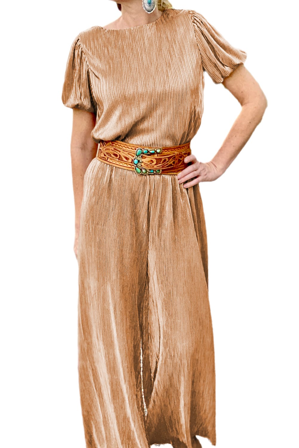 Chic Clay Pleated Two-Piece Pant Set with Puff Sleeve Tee