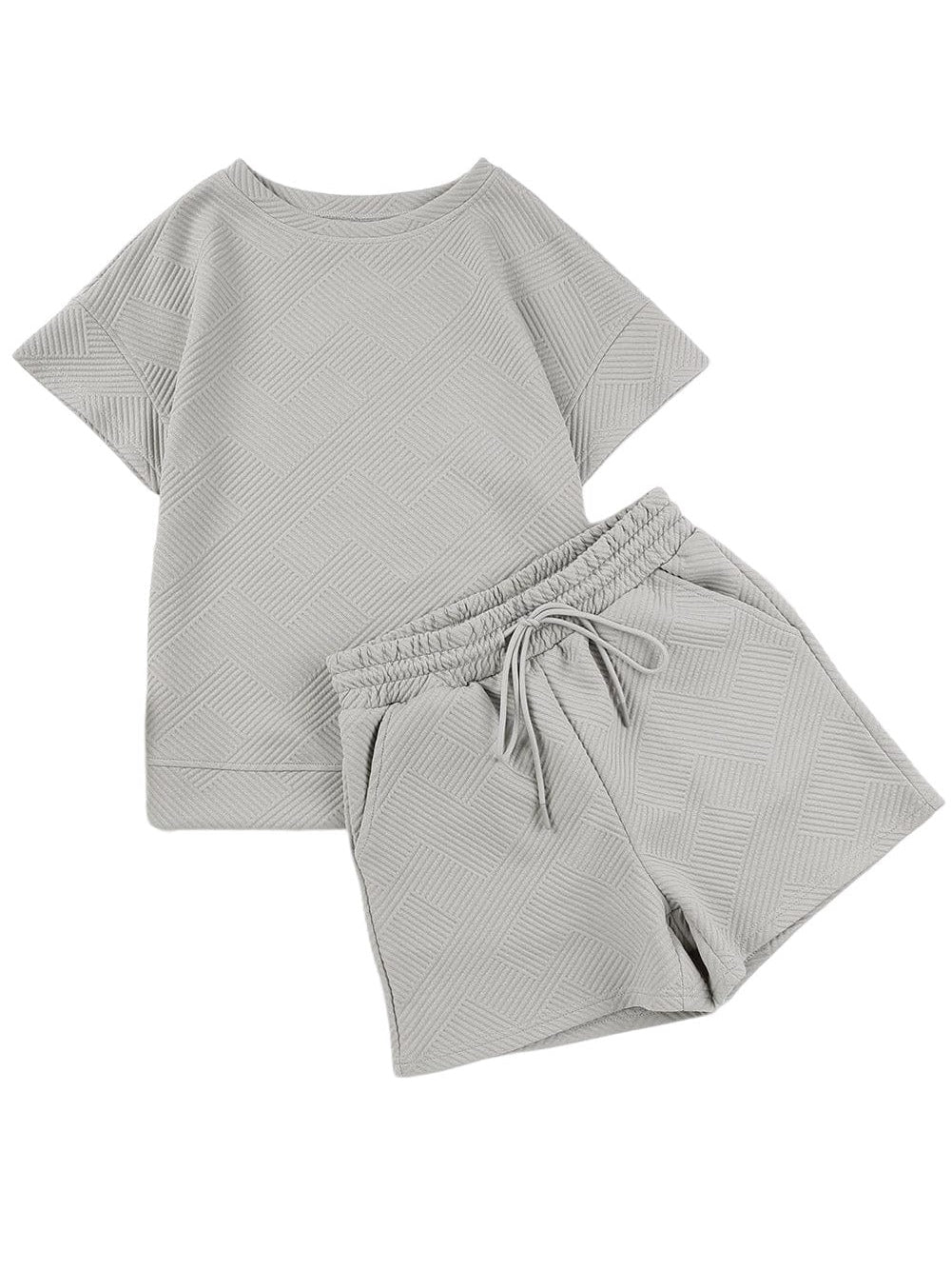 Chic Grey Textured Drawstring Shorts Ensemble