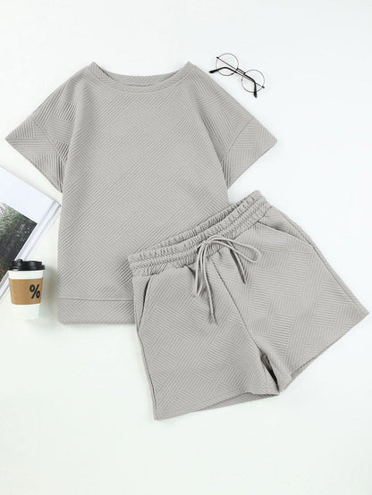 Chic Grey Textured Drawstring Shorts Ensemble