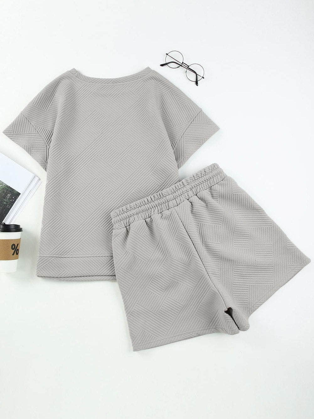 Chic Grey Textured Drawstring Shorts Ensemble