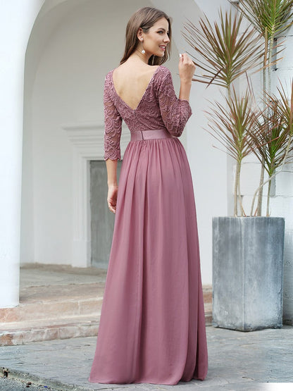 Chic Lace Sleeve Empire Waist Bridesmaid Gown