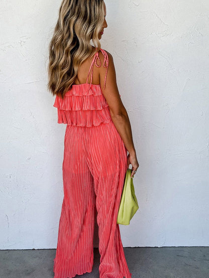 Chic Pale Chestnut Ruffle Cami and Pleated Wide Leg Pants Ensemble