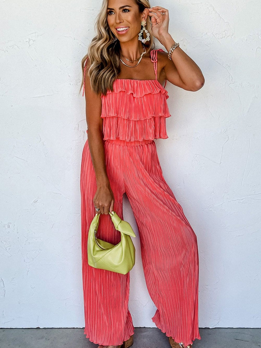 Chic Pale Chestnut Ruffle Cami and Pleated Wide Leg Pants Ensemble