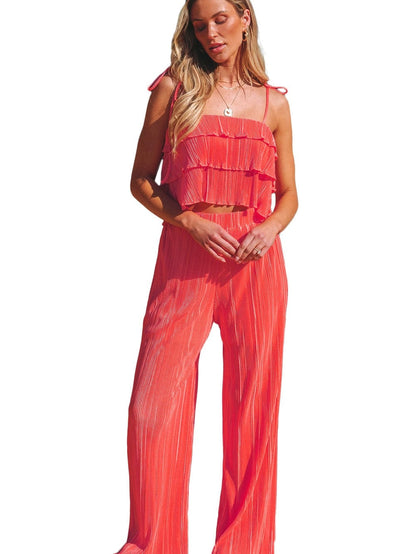 Chic Pale Chestnut Ruffle Cami and Pleated Wide Leg Pants Ensemble