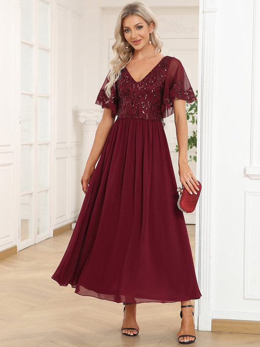 Chic V-Neck Mother of the Bride Dress with Short Ruffles Sleeves