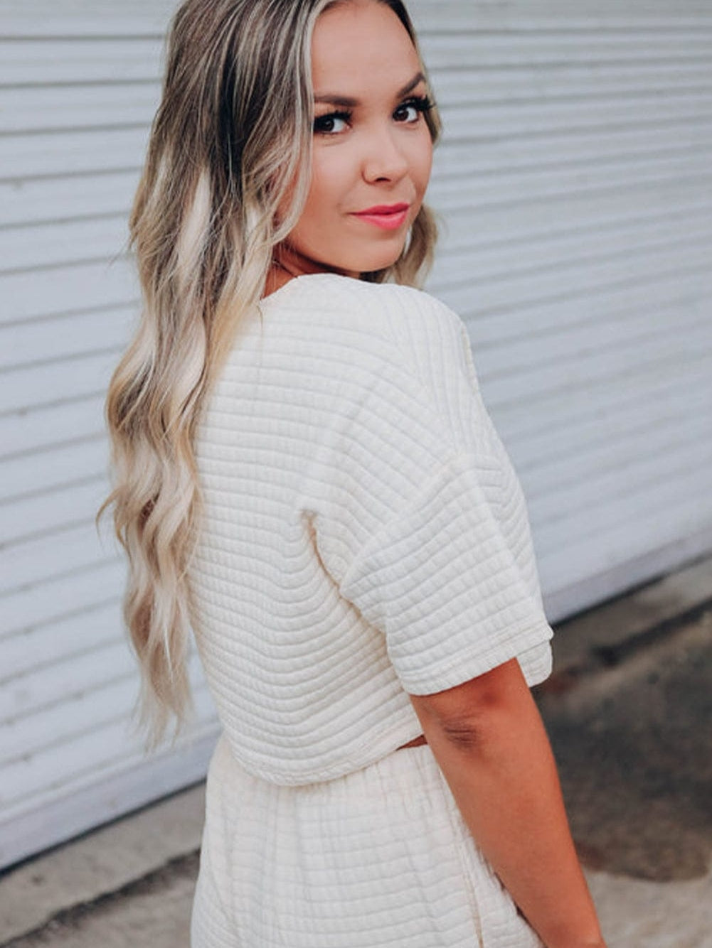 Chic White Textured Lattice Crop Top and Jogger Pants Ensemble