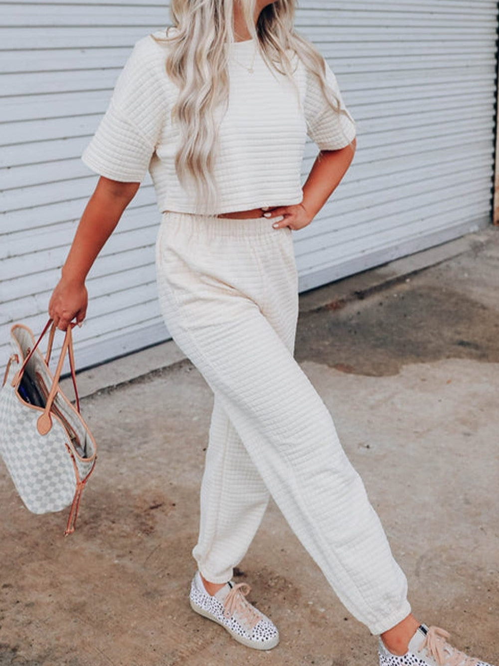 Chic White Textured Lattice Crop Top and Jogger Pants Ensemble